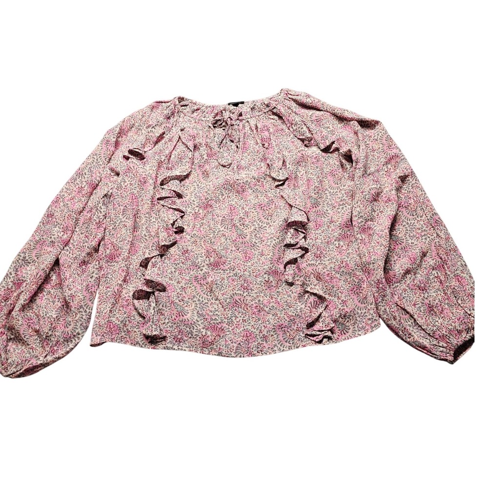 Ann Taylor Ruffle Blouse Womens Size XS Pink Paisley Floral Long Sleeve Tie Neck